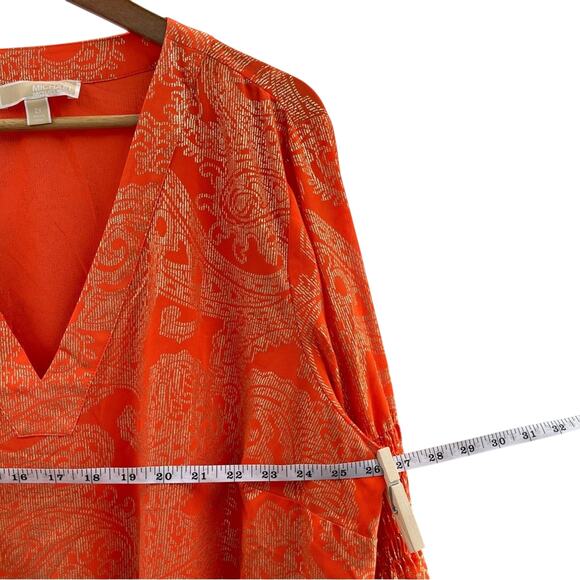 Michael Kors Poppy/Gold Samara Smocked Bell Sleeve Tunic Metallic Blouse Size 2X - Picture 9 of 13